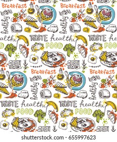Hand drawn doodle food pattern. Breakfast