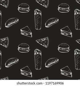 Hand drawn doodle food set with chief cook. Seamless pattern. White on black