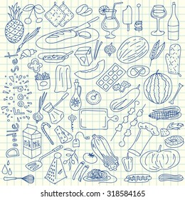 Hand drawn doodle food set. Various products, fruits, vegetables, kitchen elements.