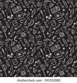 Hand Drawn Doodle Food Set With Chief Cook. Seamless Pattern. White On Black