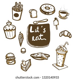hand drawn doodle food set,desert and beverage,vector