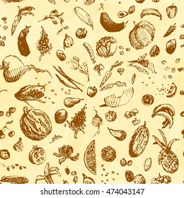 Hand drawn doodle food, vegetables and fruits, seamless pattern. Brown objects, pale yellow watercolor painted background background. Design illustration for poster, flyer.