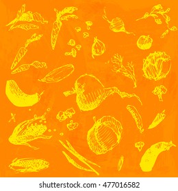 Hand drawn doodle food, vegetables. Yellow objects, orange watercolor seamless background. Design illustration for poster, flyer.
