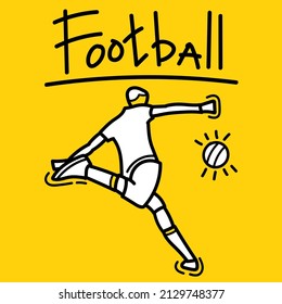 Hand drawn doodle football soccer player athlete kicking ball design vector. League sport banner poster template.