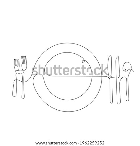 hand drawn doodle fork plate and spoon illustration in continuous line art style vector