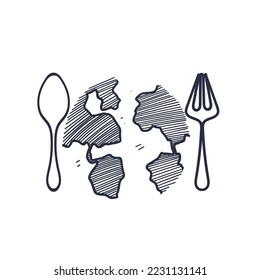 hand drawn doodle fork and spoon with globe illustration vector