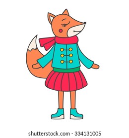 Hand drawn doodle fox in winter clothes. Cute forest animal for kids design. Vector. Isolated.