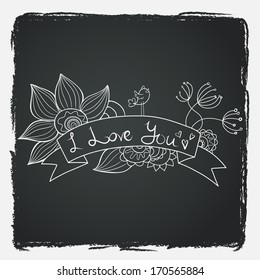 Hand drawn doodle frame with abstract doodle flowers, bird and ribbon banner on chalkboard background. Stylish floral valentine card with text box.