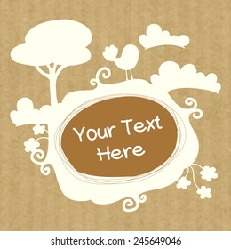 Hand drawn doodle frame with bird, trees, flowers and clouds isolated on brown kraft paper background.