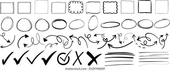 Hand drawn doodle frame, circle, arrow, check marks, and line vector set for creative designs, presentation, highlight, and decoration. Diverse elements for flexibility in projects, doodle sketch