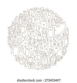Hand drawn doodle frame with clothes and sewing patterns, circle shape. Good for different templates, scrapbooking, package and wrapping paper, etc