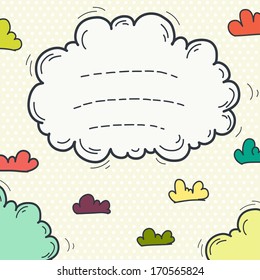 Hand drawn doodle frame with cute cartoon clouds on polka dot background. Childish invitation or greeting card template.