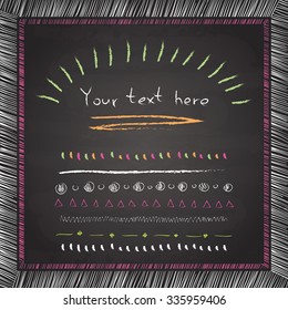 Hand Drawn Doodle Frame and Design Elements. Abstract hand drawn colorful chalk strokes on the chalkboard