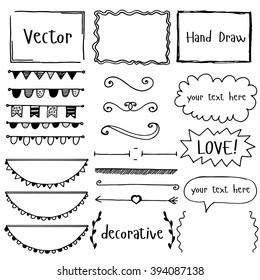  Hand drawn doodle frame, dividers, garlands. Ink illustration. Vector.
