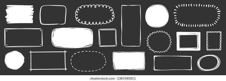 Hand drawn doodle frame on chalkboard background. Box, square, rectangle, circle shape brush pen line stroke scribble element. Hand drawn simple oval, square frame text border. Vector illustration