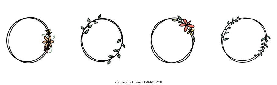 Hand Drawn Doodle Frame. Round Frame With Flowers. Transparent Hand Drawn Circle In Sketch Style. Doodle Circle In Handwritten Style. Vector EPS 10