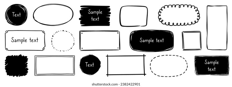 Hand drawn doodle frame set. Box, square, rectangle, circle shape brush pen line stroke scribble element. Hand drawn simple oval, square frame for text border. Vector illustration