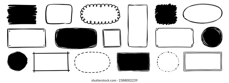 Hand drawn doodle frame set. Box, square, rectangle, circle shape brush pen line stroke scribble element. Hand drawn simple oval, square frame for text border. Vector illustration