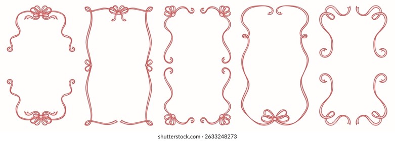 hand drawn doodle frame set. rectangular, oval shape vintage borders with curl, loop, wave, bow and ribbon