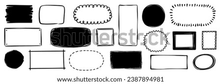 Hand drawn doodle frame set. Box, square, rectangle, circle shape brush pen line stroke scribble element. Hand drawn simple oval, square frame for text border. Vector illustration