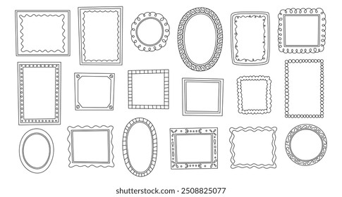 Molduras de rabiscos desenhadas à mão. Coleção de quadros pretos. Os quadros de doodle clipart isolados no fundo branco. Definir as bordas vintage scrapbooking diferentes formas quadradas e ovais e tamanho