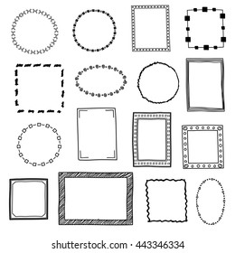 Hand drawn doodle frames, borders vector set. Frame sketch for decoration, drawing frames in form square and circle illustration