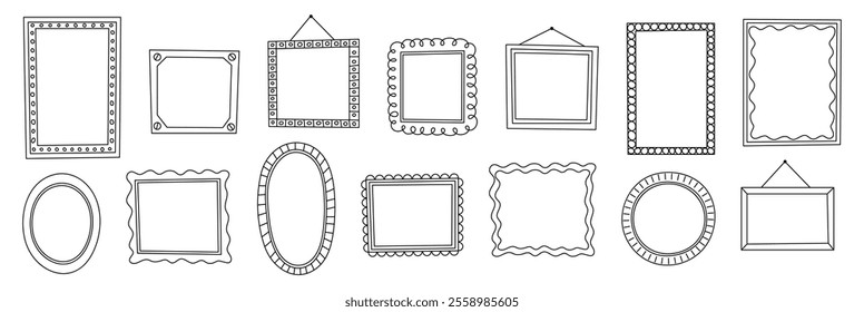 Hand drawn doodle frames. Doodle frames clipart isolated on white background. Black frames collection. Set of vintage scrapbooking borders