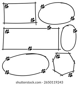 Hand drawn doodle frames collection with paw prints. Vector illustration