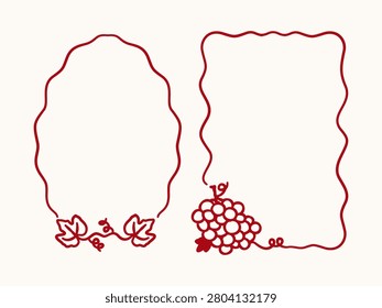 Hand drawn doodle frames decorated with grapes and grape leaves.