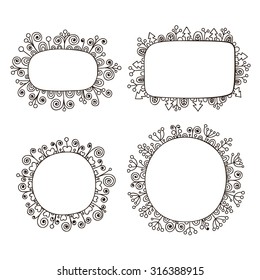 Hand drawn doodle frames with floral ornament. Set of frames wits flowers, berry, hearts, spruce and swirls. Vector black frames, isolated.