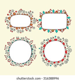 Hand drawn doodle frames with floral ornament. Set of frames with flowers, berry, hearts, spruce and swirls. Vector color frames on yellow background.