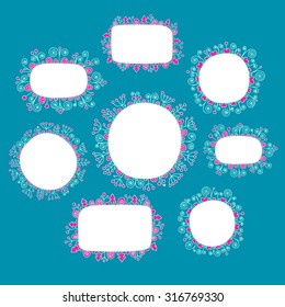 Hand drawn doodle frames with floral ornament. Set of frames wits flowers, berry, hearts, spruce and swirls. Vector frames on blue background.