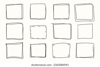 Hand drawn doodle frames set. Square shape border frame in sketch style. Simple rectangle borders design template. Vector illustration isolated on white background