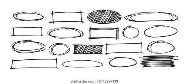 Hand drawn doodle frames set. Sketches of oval and rectangular frames, badges and bubble shapes. Sketch noting vector elements collection