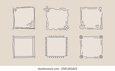 hand drawn doodle frames set with sketch borders, hearts, swirls, and floral elements for design, scrapbooking, invitations, and creative projects