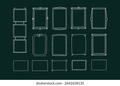 Hand drawn doodle frames set on dark background. minimalist line art borders. Vector elegant vintage sketch borders, cute rectangular ornate frame collection. Ideal for invitations and scrapbooking   