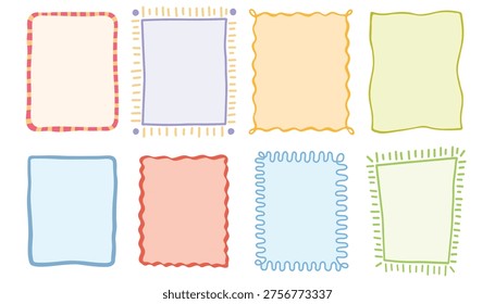 Hand drawn doodle frames vector illustration set. Colorful rectangular borders, labels. Simple outline pastel colored backgrounds. Cute abstract templates for card, poster, social media in flat style