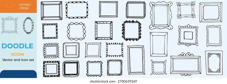 Marcos de doodle dibujados a mano. Antiguas doodle marco de dibujo. Bocetos cuadrados negros en blanco pintados por el conjunto de Vector de manos
