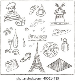 Hand drawn doodle France symbols set. Sketchy Icons set. Travel  Collection. Isolated vector illustration.