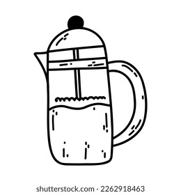 Hand drawn doodle French press coffeemaker. Outline vector illustration of coffee machine icon, design element.