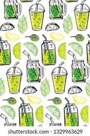 Hand drawn doodle fresh fruit pattern background - cocktail bar smoothie