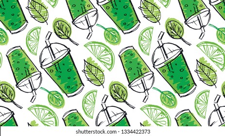 Hand drawn doodle fresh smoothie pattern background