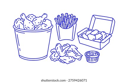 Hand Drawn Doodle Fried Chicken Fast Food Icons Set with Fries Nuggets Wings and Sauce Sketch Style Takeaway Collection