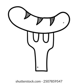 Hand drawn doodle of a fried sausage on a fork isolated on a white background. Vector illustration.