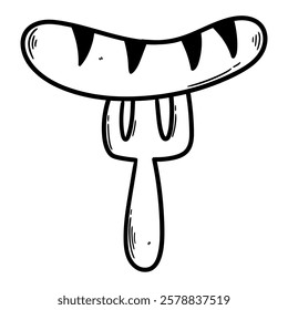 Hand drawn doodle fried sausage on a fork isolated on a white background. Vector illustration.