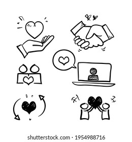 hand drawn doodle Friendship and love line icons. Interaction, Mutual understanding and assistance business.isolated