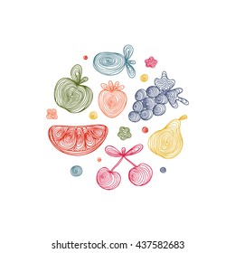 Hand Drawn Doodle Fruit icons with spiral pattern Vector Set. Abstract Colorful striped fruits and berries: watermelon, apple, pear, grapes, strawberries, plums, cherries