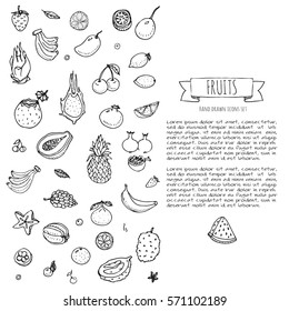 Hand drawn doodle fruits and berries icons set Vector illustration seasonal food symbols collection Cartoon various types of tropical fruits on white background Sketch style. Pineapple, papaya