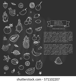 Hand drawn doodle fruits and berries icons set Vector illustration seasonal food symbols collection Cartoon various types of tropical fruits on chalkboard background Sketch style. Pineapple, papaya