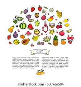 Hand drawn doodle fruits icons set Vector illustration seasonal fruits symbols collection Cartoon different kinds of fruits Various types of tropical fruits on white background Sketch style Fruit eps